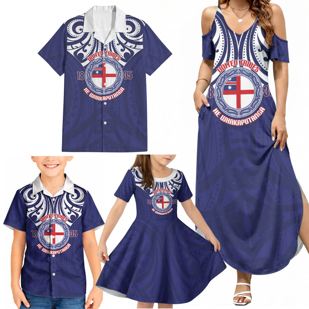 New Zealand United Tribes Te Kara Family Matching Summer Maxi Dress and Hawaiian Shirt He Whakaputanga Maori Pattern