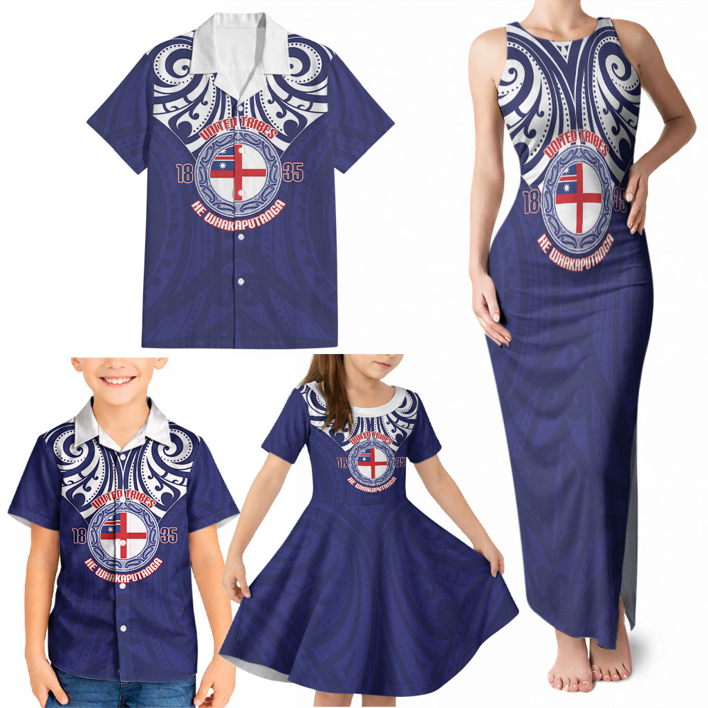 New Zealand United Tribes Te Kara Family Matching Tank Maxi Dress and Hawaiian Shirt He Whakaputanga Maori Pattern