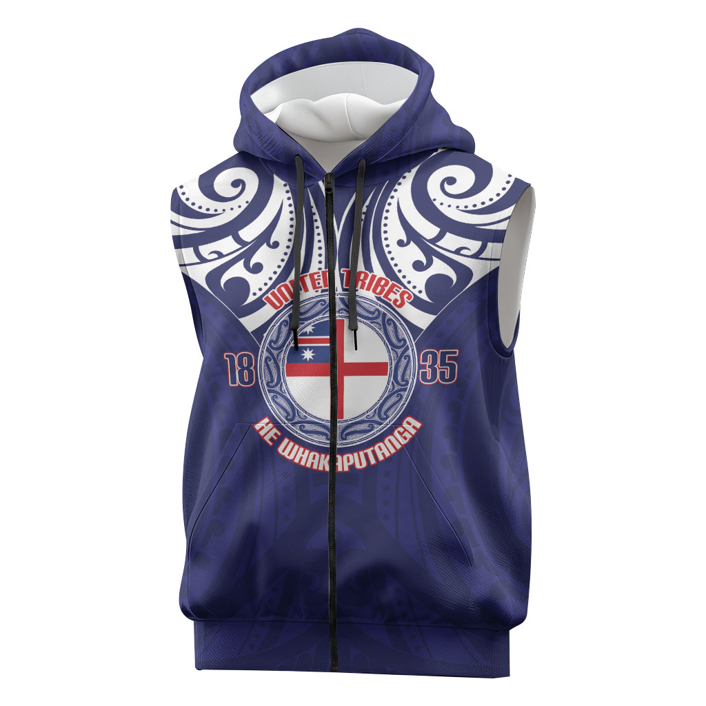 New Zealand United Tribes Te Kara Sleeveless Zip Hoodie He Whakaputanga Maori Pattern