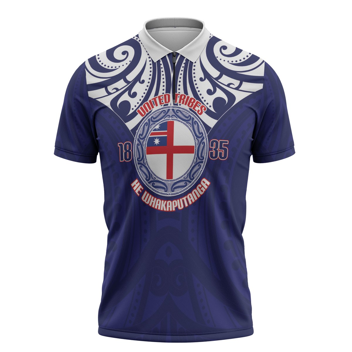 New Zealand United Tribes Te Kara Zipper Polo Shirt He Whakaputanga Maori Pattern