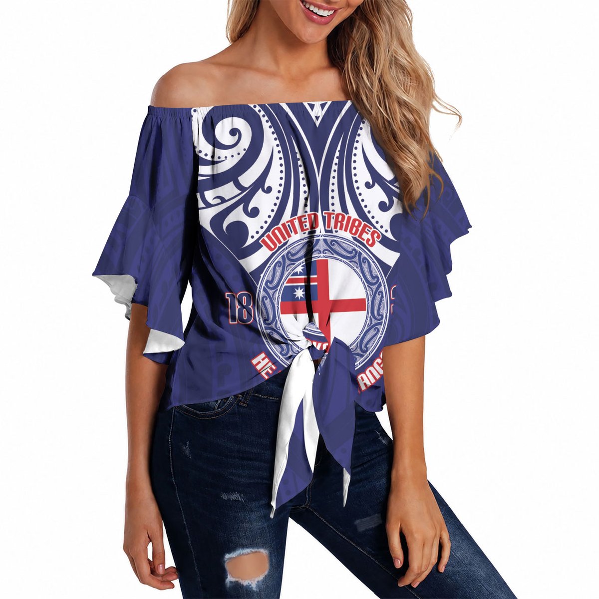 New Zealand United Tribes Te Kara Off Shoulder Wrap Waist Top He Whakaputanga Maori Pattern
