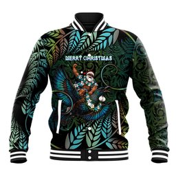 New Zealand Christmas Baseball Jacket Santa Riding Tui Bird Silver Fern