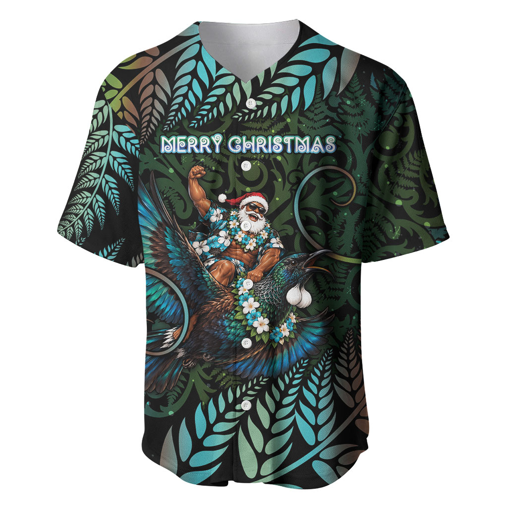New Zealand Christmas Baseball Jersey Santa Riding Tui Bird Silver Fern