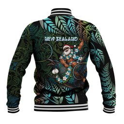 New Zealand Christmas Baseball Jacket Santa Riding Tui Bird Silver Fern
