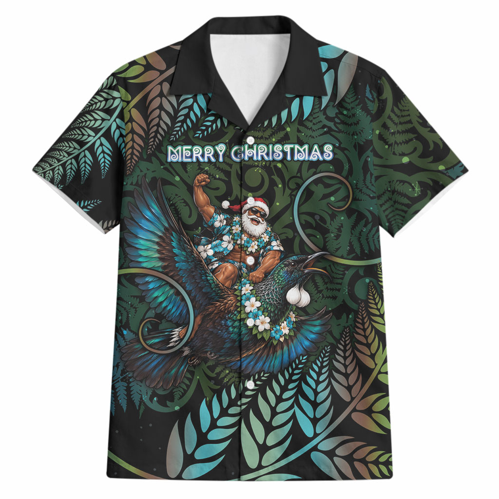 New Zealand Christmas Hawaiian Shirt Santa Riding Tui Bird Silver Fern