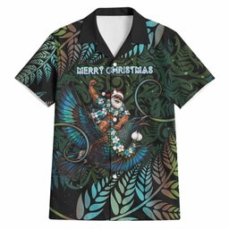 New Zealand Christmas Hawaiian Shirt Santa Riding Tui Bird Silver Fern