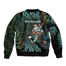 New Zealand Christmas Bomber Jacket Santa Riding Tui Bird Silver Fern