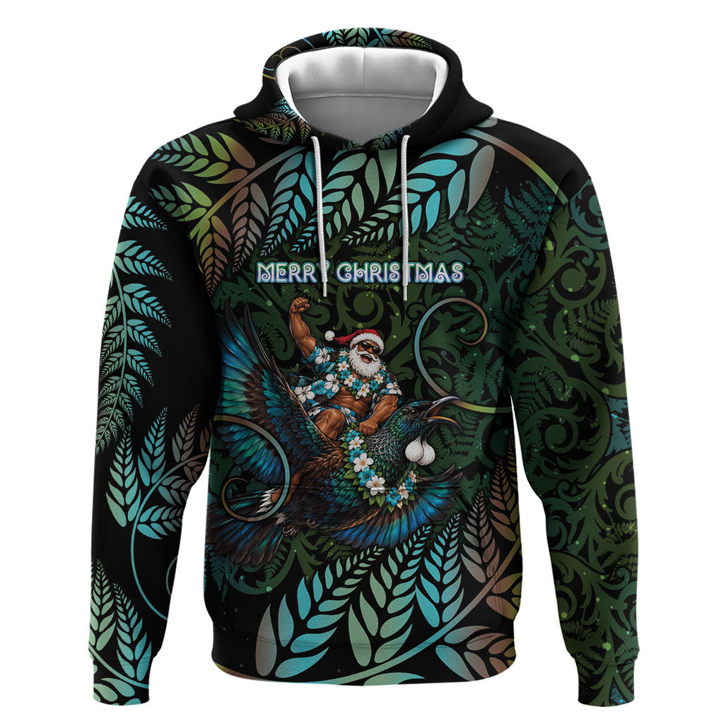 New Zealand Christmas Hoodie Santa Riding Tui Bird Silver Fern