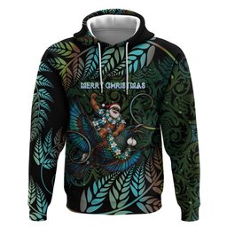 New Zealand Christmas Hoodie Santa Riding Tui Bird Silver Fern