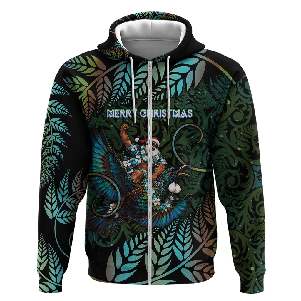New Zealand Christmas Zip Hoodie Santa Riding Tui Bird Silver Fern