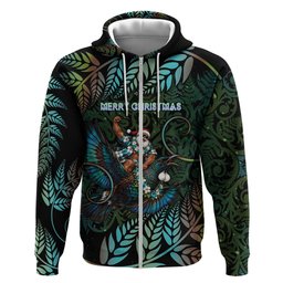 New Zealand Christmas Zip Hoodie Santa Riding Tui Bird Silver Fern