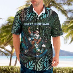 New Zealand Christmas Hawaiian Shirt Santa Riding Tui Bird Silver Fern