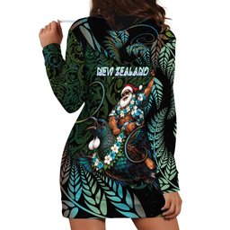 New Zealand Christmas Hoodie Dress Santa Riding Tui Bird Silver Fern