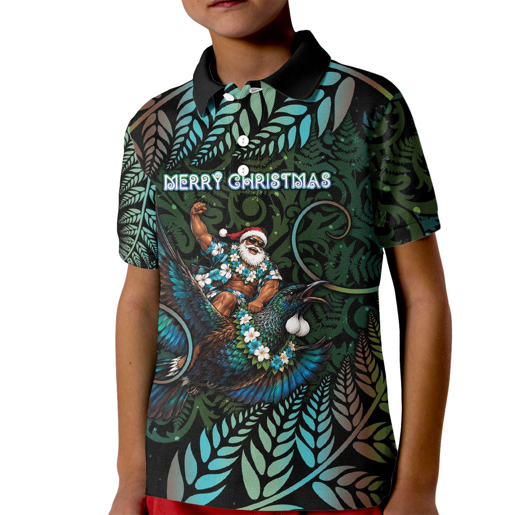 New Zealand Christmas Kid Polo Shirt Santa Riding Tui Bird Silver Fern