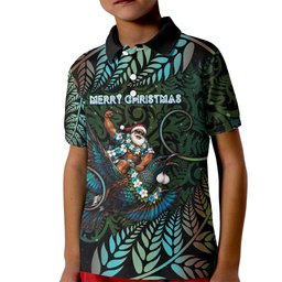 New Zealand Christmas Kid Polo Shirt Santa Riding Tui Bird Silver Fern
