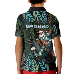 New Zealand Christmas Kid Polo Shirt Santa Riding Tui Bird Silver Fern