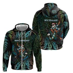 New Zealand Christmas Zip Hoodie Santa Riding Tui Bird Silver Fern