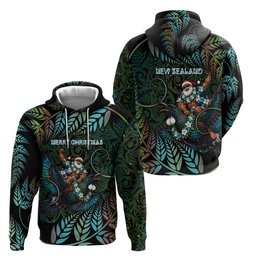 New Zealand Christmas Hoodie Santa Riding Tui Bird Silver Fern