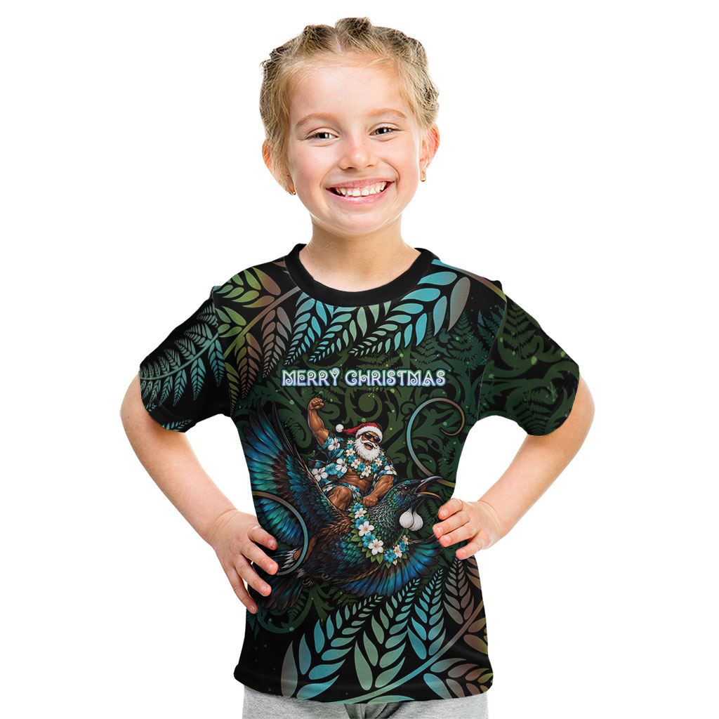 New Zealand Christmas Kid T Shirt Santa Riding Tui Bird Silver Fern