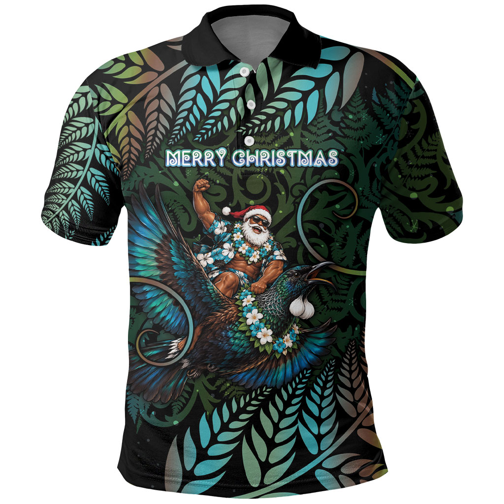 New Zealand Christmas Polo Shirt Santa Riding Tui Bird Silver Fern