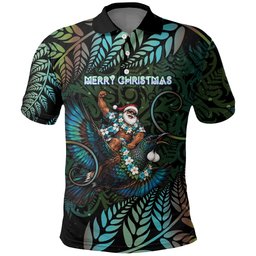 New Zealand Christmas Polo Shirt Santa Riding Tui Bird Silver Fern