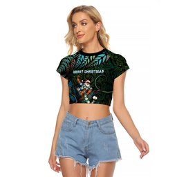 New Zealand Christmas Raglan Cropped T Shirt Santa Riding Tui Bird Silver Fern