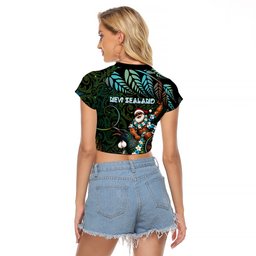 New Zealand Christmas Raglan Cropped T Shirt Santa Riding Tui Bird Silver Fern