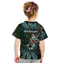 New Zealand Christmas Kid T Shirt Santa Riding Tui Bird Silver Fern