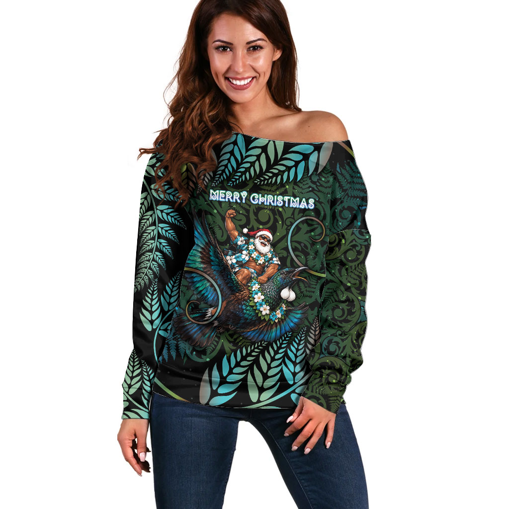 New Zealand Christmas Off Shoulder Sweater Santa Riding Tui Bird Silver Fern