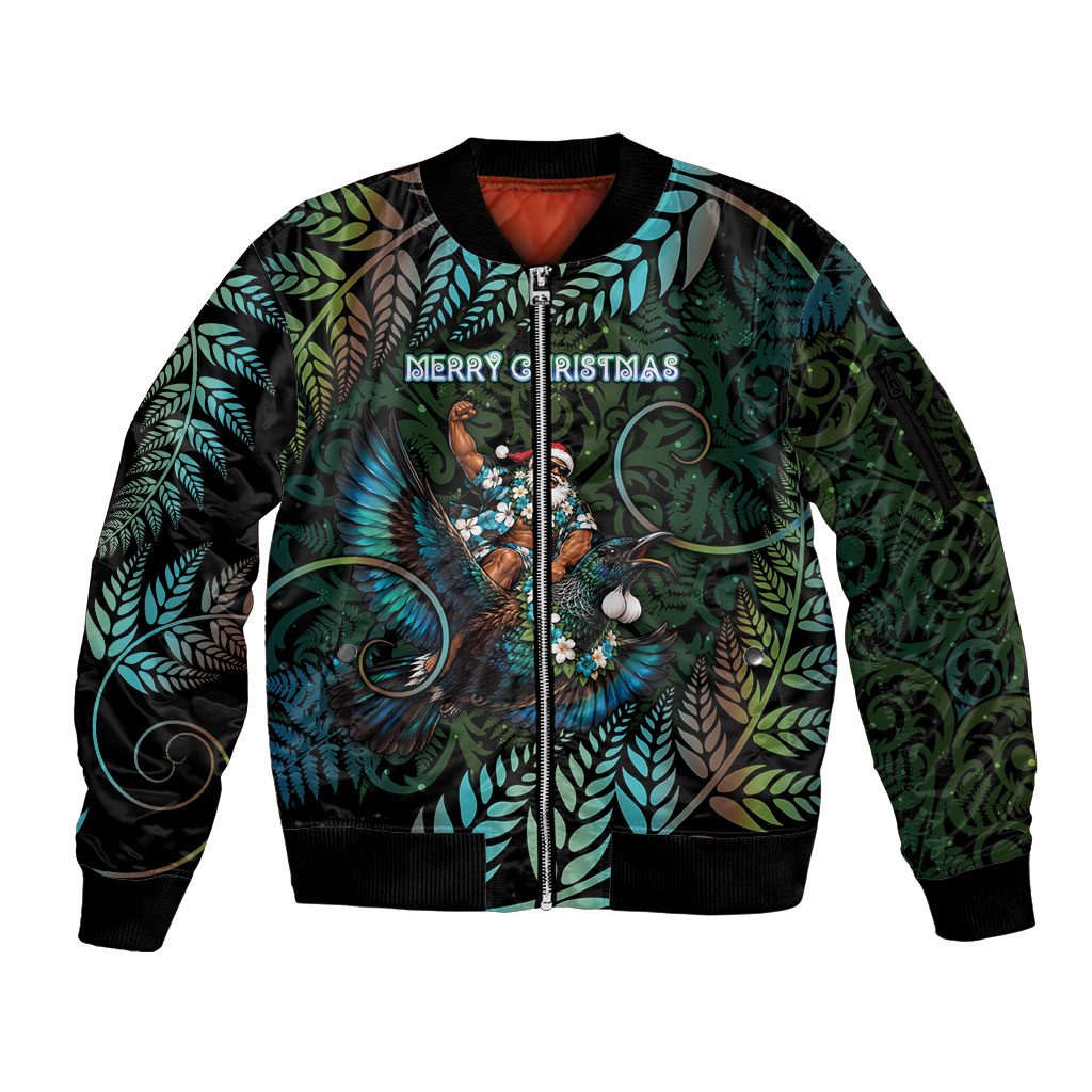 New Zealand Christmas Sleeve Zip Bomber Jacket Santa Riding Tui Bird Silver Fern