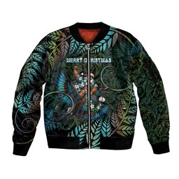 New Zealand Christmas Sleeve Zip Bomber Jacket Santa Riding Tui Bird Silver Fern