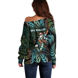 New Zealand Christmas Off Shoulder Sweater Santa Riding Tui Bird Silver Fern