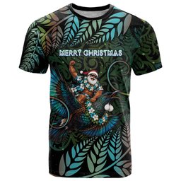 New Zealand Christmas T Shirt Santa Riding Tui Bird Silver Fern