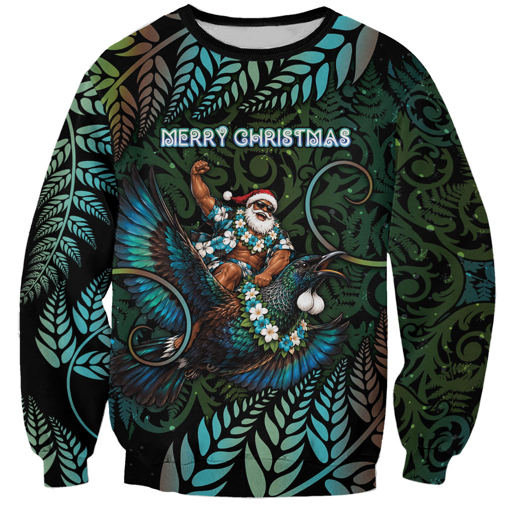 New Zealand Christmas Sweatshirt Santa Riding Tui Bird Silver Fern