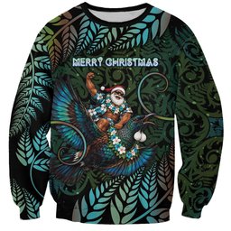 New Zealand Christmas Sweatshirt Santa Riding Tui Bird Silver Fern
