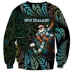 New Zealand Christmas Sweatshirt Santa Riding Tui Bird Silver Fern
