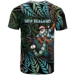 New Zealand Christmas T Shirt Santa Riding Tui Bird Silver Fern