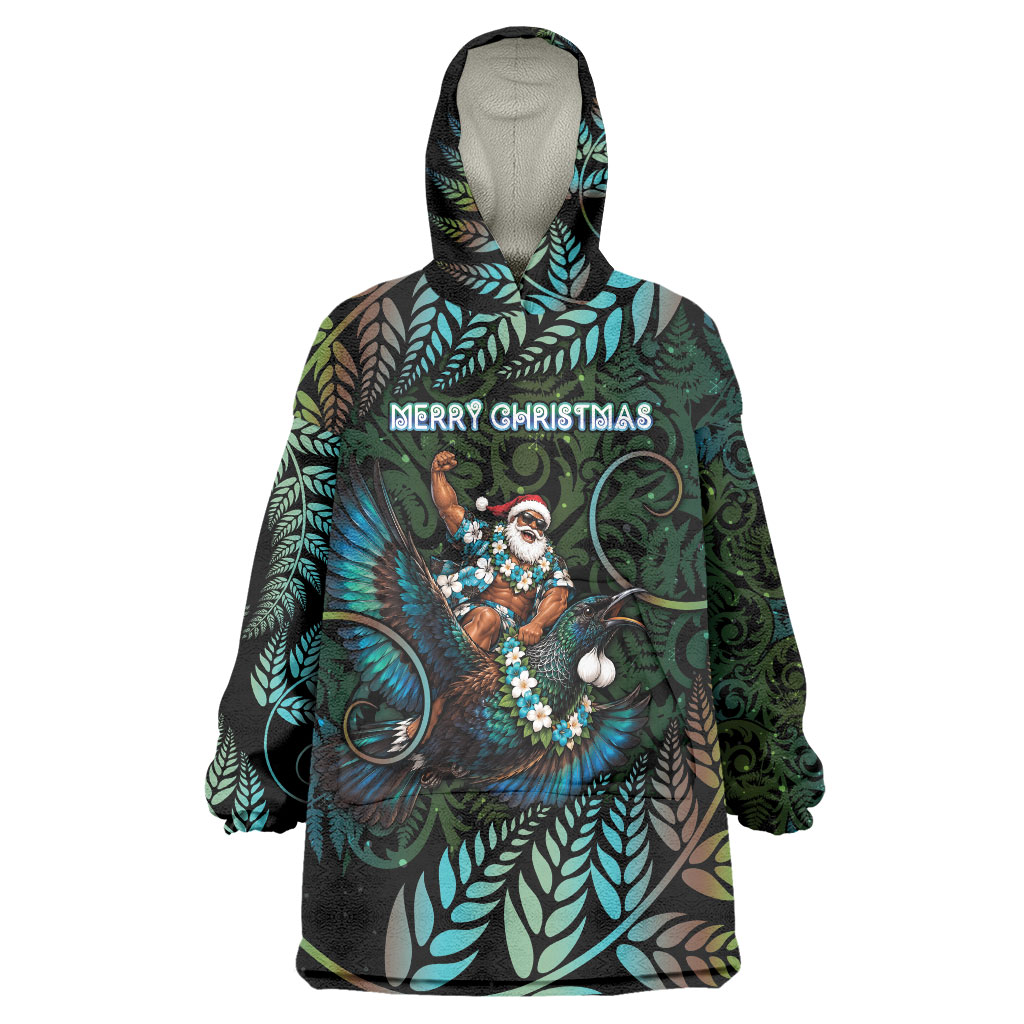 New Zealand Christmas Wearable Blanket Hoodie Santa Riding Tui Bird Silver Fern