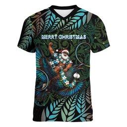 New Zealand Christmas Women V-Neck T-Shirt Santa Riding Tui Bird Silver Fern