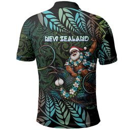 New Zealand Christmas Polo Shirt Santa Riding Tui Bird Silver Fern
