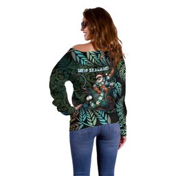 New Zealand Christmas Off Shoulder Sweater Santa Riding Tui Bird Silver Fern