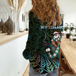 New Zealand Christmas Women Casual Shirt Santa Riding Tui Bird Silver Fern