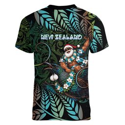 New Zealand Christmas Women V-Neck T-Shirt Santa Riding Tui Bird Silver Fern