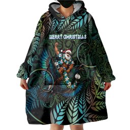 New Zealand Christmas Wearable Blanket Hoodie Santa Riding Tui Bird Silver Fern