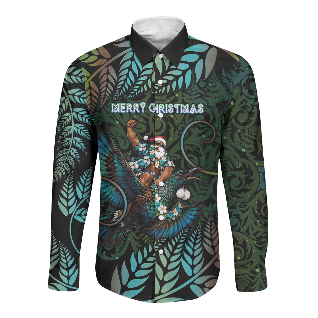 New Zealand Christmas Long Sleeve Button Shirt Santa Riding Tui Bird Silver Fern