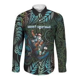 New Zealand Christmas Long Sleeve Button Shirt Santa Riding Tui Bird Silver Fern
