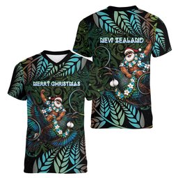 New Zealand Christmas Women V-Neck T-Shirt Santa Riding Tui Bird Silver Fern
