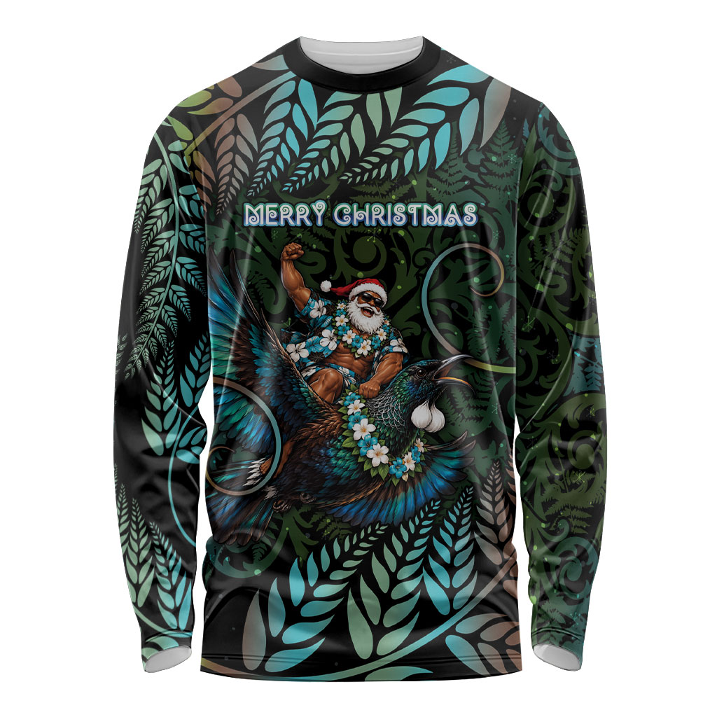 New Zealand Christmas Long Sleeve Shirt Santa Riding Tui Bird Silver Fern