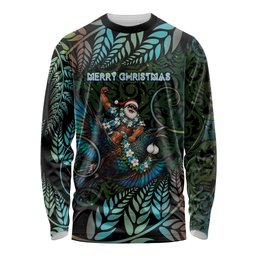 New Zealand Christmas Long Sleeve Shirt Santa Riding Tui Bird Silver Fern