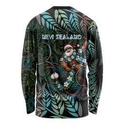 New Zealand Christmas Long Sleeve Shirt Santa Riding Tui Bird Silver Fern
